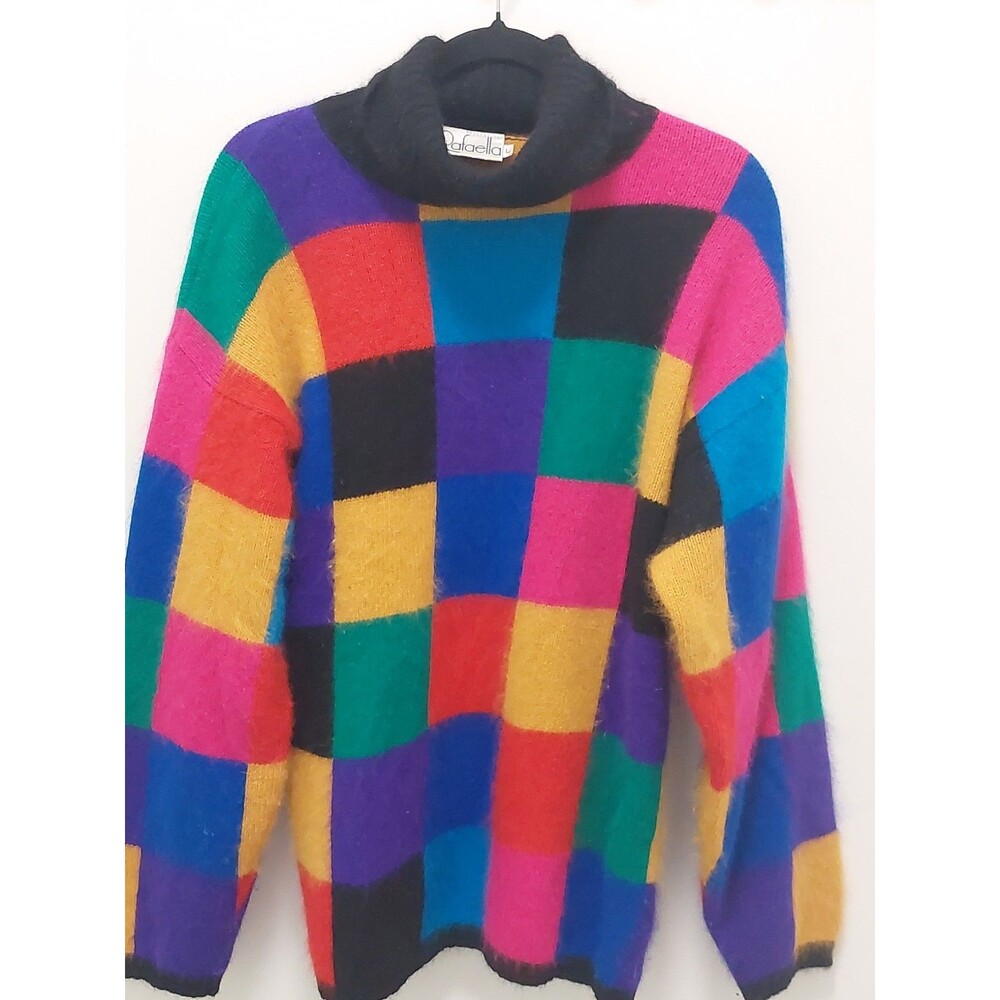 Rafaella Color Grid Vntg Angora And Wool Blend Turtleneck Sweater Size L